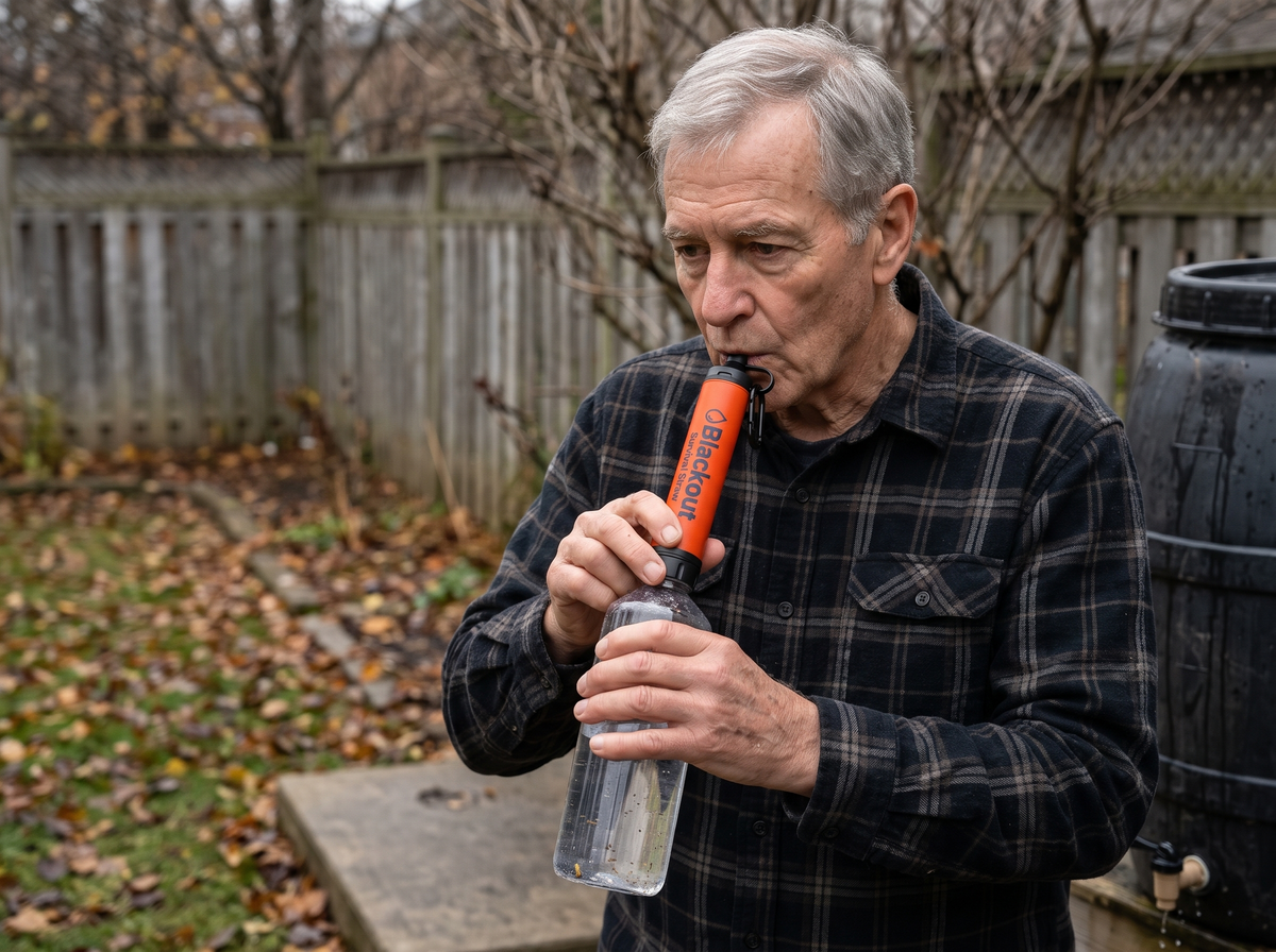 Man in his seventies drinking through the orange filter straw by a backyard rain barrel