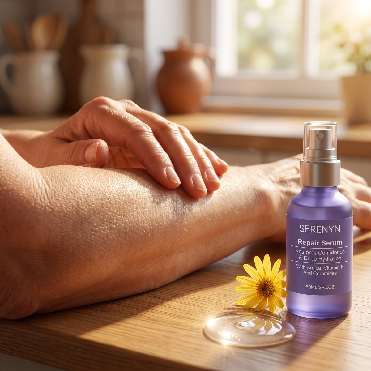 Applying Serenyn serum to the forearm