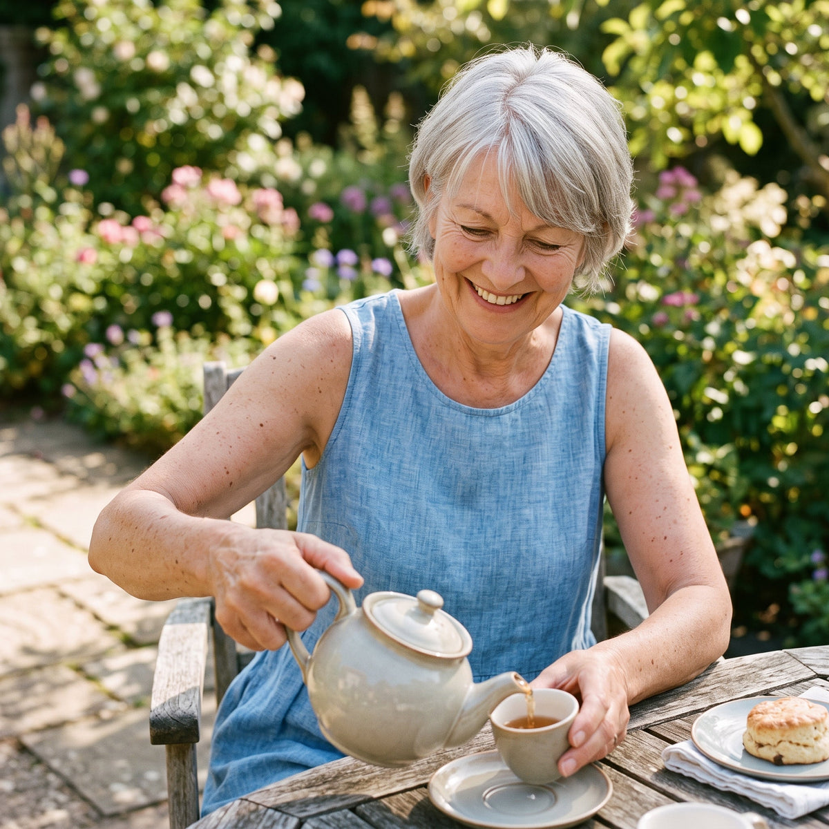 Woman pouring tea in a garden